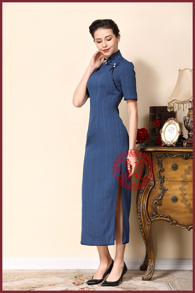 逸福精品春秋季短袖改良旗袍长款深蓝色双襟女连衣裙深蓝色s7天发货
