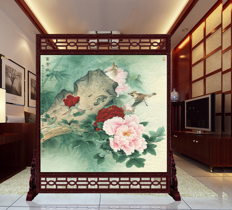 
                                        私人定制中式座屏 书房酒店雕花屏风 办公室客厅玄关隔断双面屏风150x180cm 15-011                