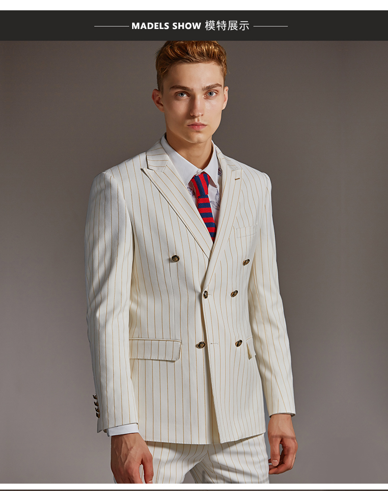kea英伦时尚休闲双排扣西服套装男士正装新郎结婚礼服条纹西装男 白色