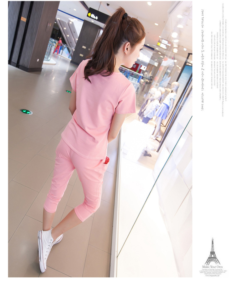 美黛香2016新款初高中生女装圆领显瘦T恤女短袖运动休闲少女装夏装套装女运动服两件套女 黑色 M