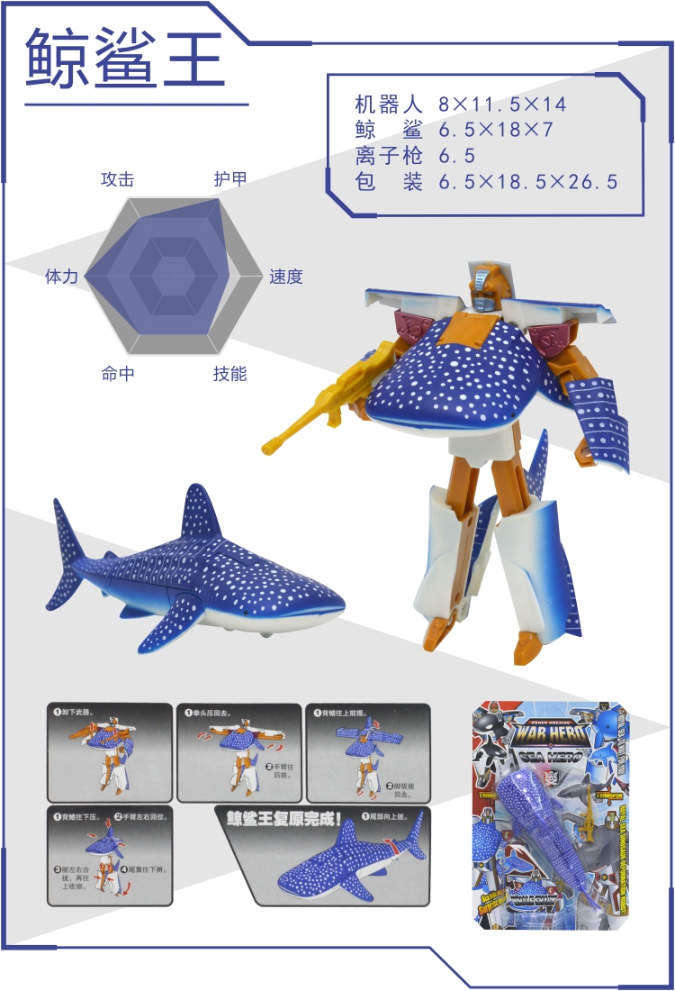 海洋动物鲨鱼变形金刚仿真海豚虎鲸机器人变形玩具 深蓝色鲸鲨王_ 6折