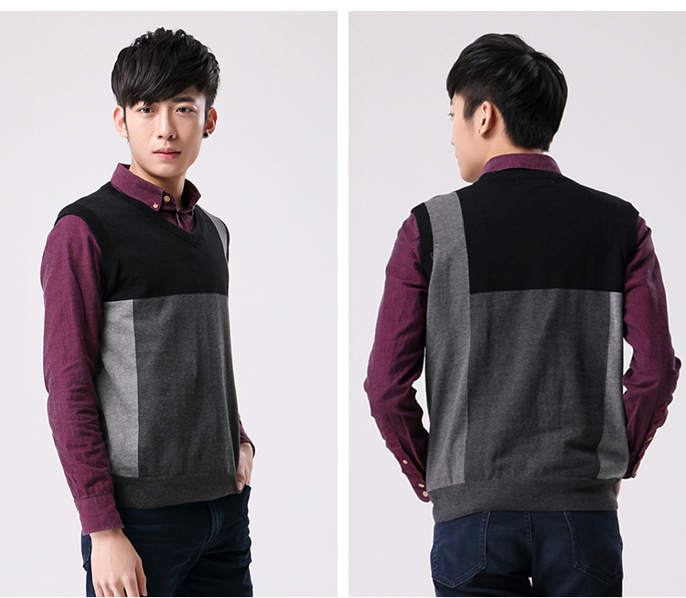 衣之纯2015秋冬新品无袖针织毛线衣撞色马夹 男装 黑色 xl