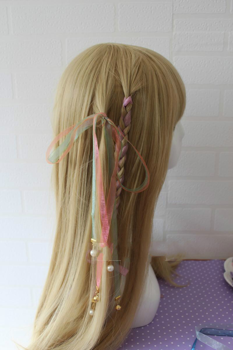 卖萌双马尾丝带编发盘发扎马尾发圈发绳手工长发带铃铛发饰软 5#蓝色