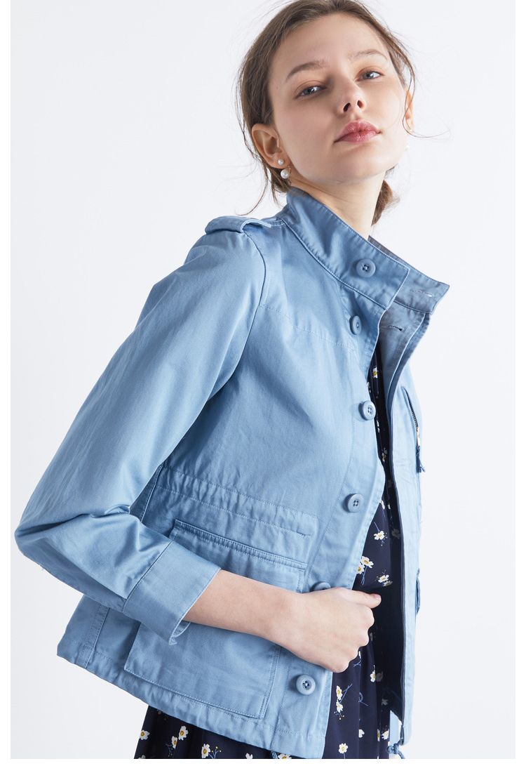 初棉春装新款立领工装夹克女短款外套女士纯棉港风上衣外套卡其色m