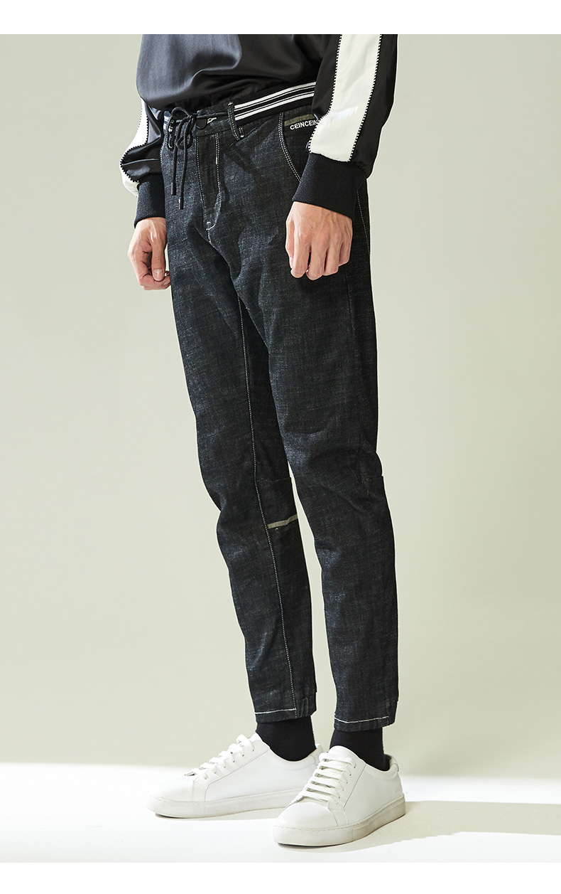 摩高男装2018春季新款 男士休闲九分牛仔裤小直筒潮裤子411179007