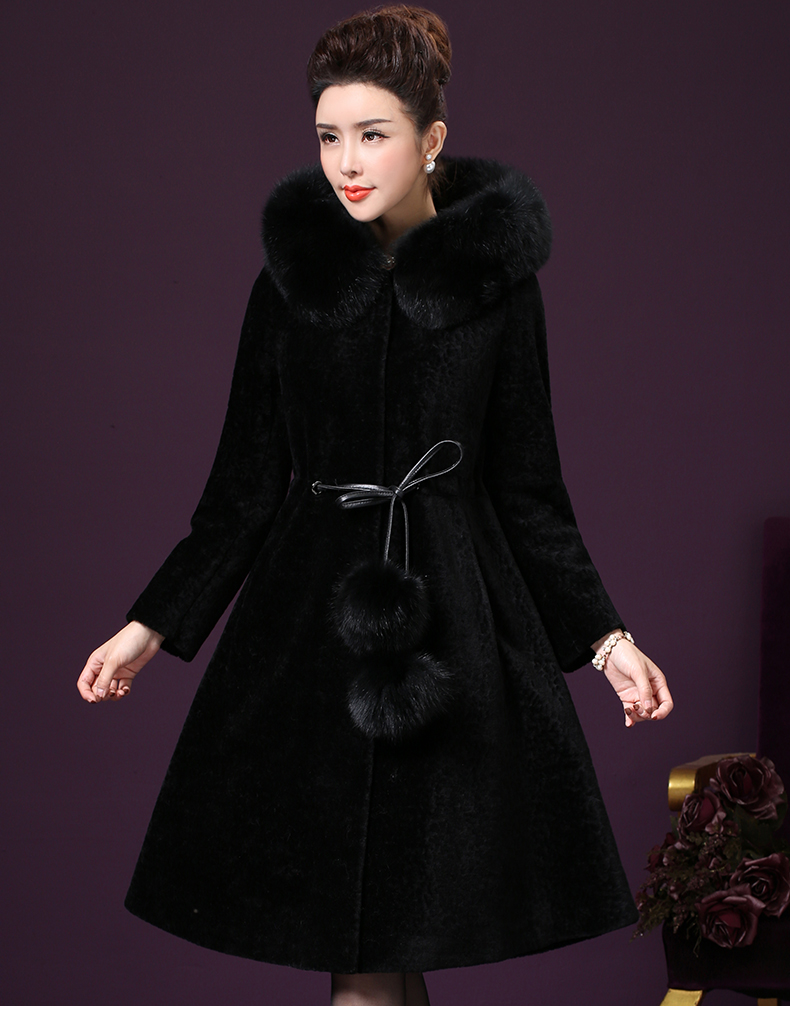 王小鸭羊剪绒大衣女中长款修身显瘦简约大码女装狐狸毛领毛呢外套w
