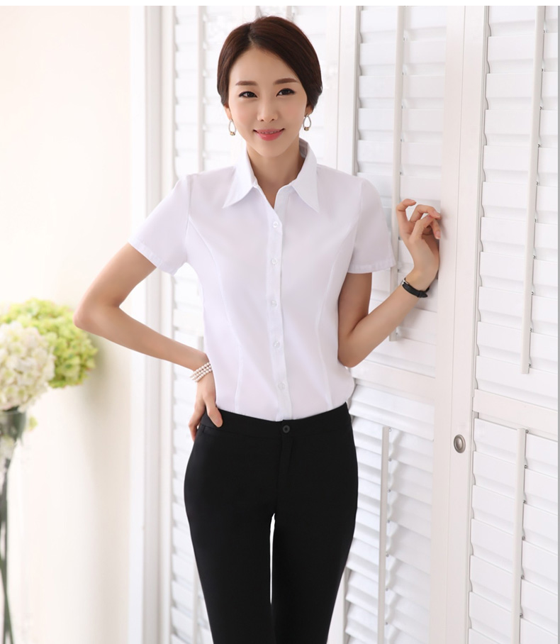 韩娱 夏装职业装女装白衬衫女短袖韩版修身OL正装工装工作服衬衣 蓝色衬衫 L