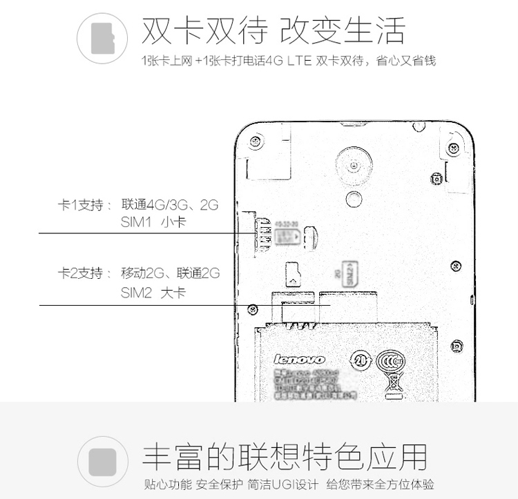 联想 A3600-d 联通4G 双卡双待 智能 手机（4G ROM） 白色