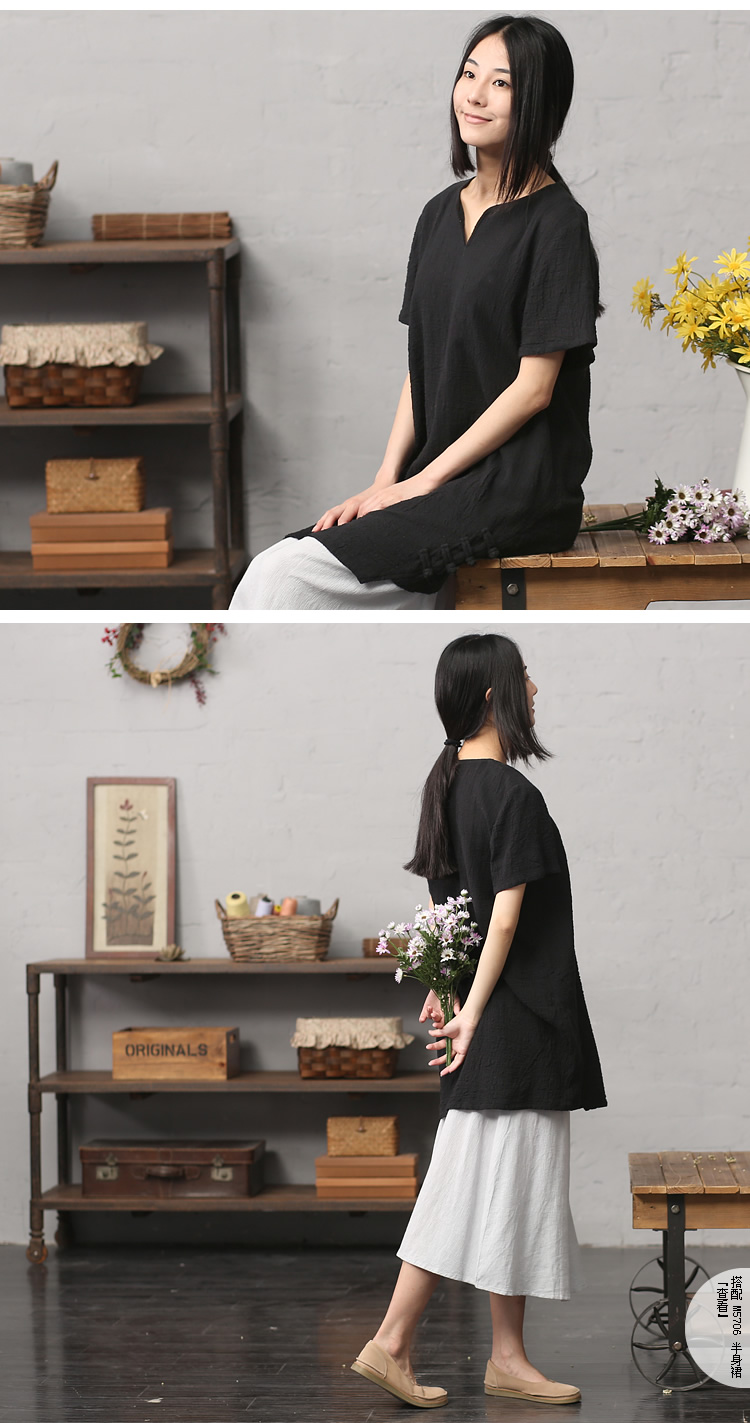棉叙 第5062页 2016夏装新品盘扣衬衣宽松棉麻短袖衬衫 黑色长衬衫女 黑色 M