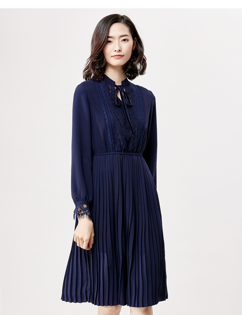 女装春装系带蕾丝拼接中长裙子雪纺百褶连衣裙女 181l0119136 藏蓝色