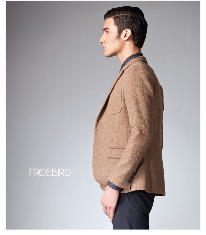 自由鸟冬装新款男士羊绒西装修身商务休闲毛呢西服外套32124193k4驼色