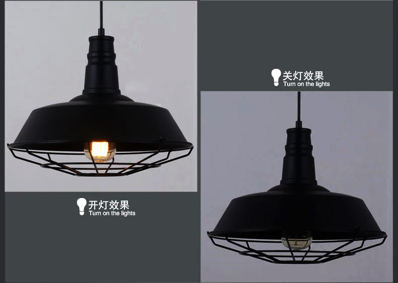 集和 loft美式乡村北欧简约仓库吊灯 单头铁艺灯具 餐厅吧台复古工业风吊灯 锅盖吊灯 黑色+T64光源+铁线架子 直径26cm
