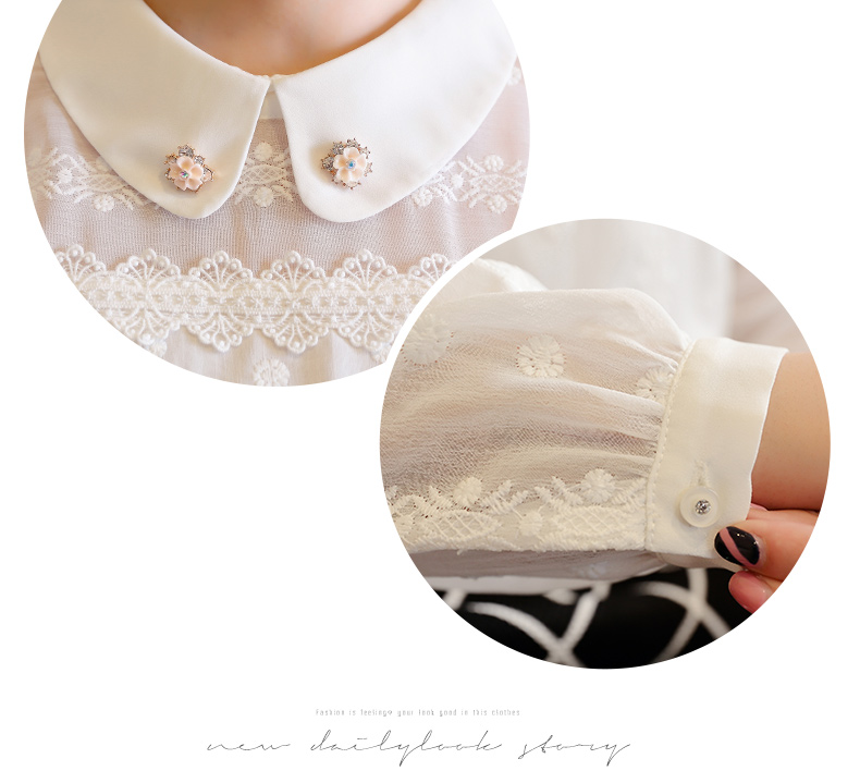 
                                        法萱妮 2015秋冬新款女装白色长袖娃娃领雪纺蕾丝打底衫3314# 白色 M                