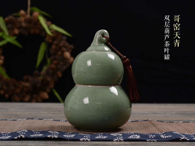 
                                        博度 哥窑葫芦双层茶叶罐 陶瓷密封罐 粗陶茶罐陶瓷 大号容量储藏罐1斤装 粗陶事事如意                