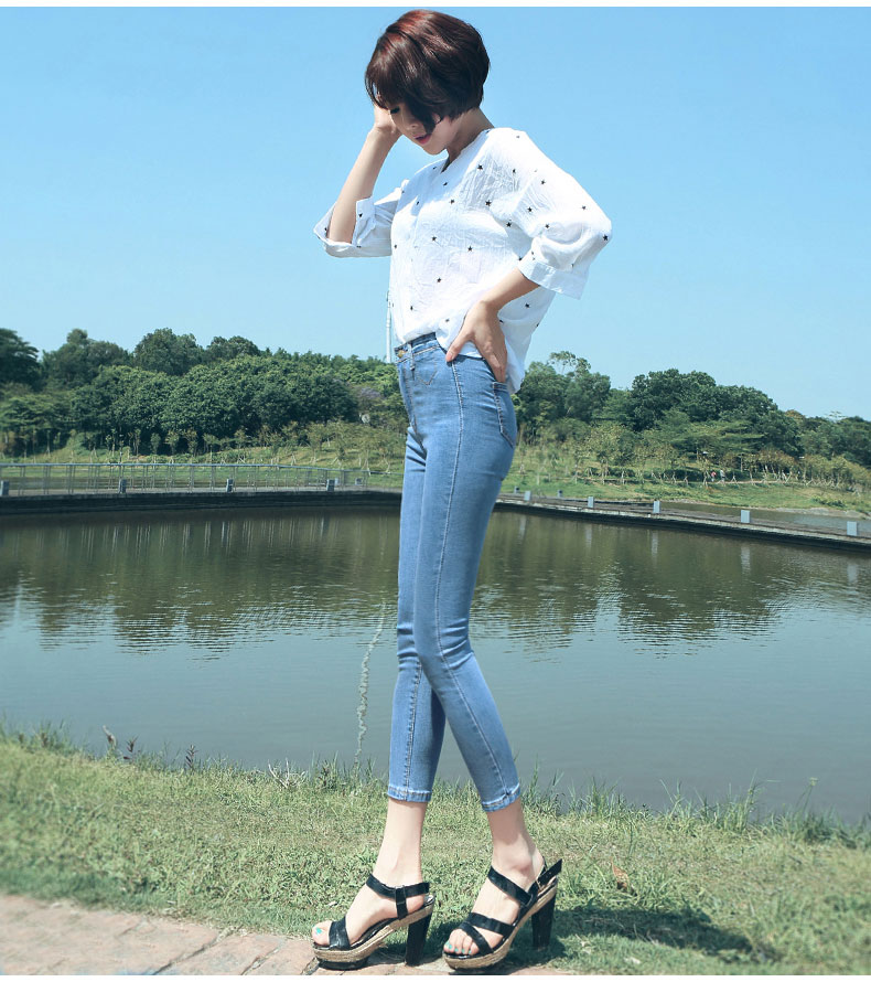 薇语馨 女装高腰修身显瘦九分小脚牛仔裤 2015夏季新时尚铅笔裤K3388 蓝色 28码