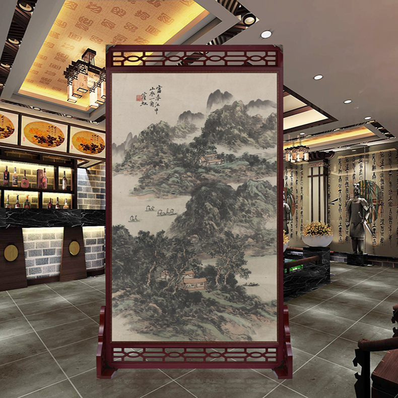 定制皮革座屏 中式书房酒店屏风 玄关办公室摄影客厅隔断双面屏风 黄宾虹 富春江图 120cm宽X180高 左右镂空