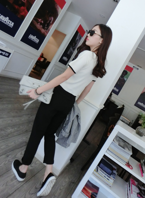 胧月丽妍春夏装韩版休闲松紧腰显瘦女哈伦裤百搭高腰西装裤九分 黑色 XL
