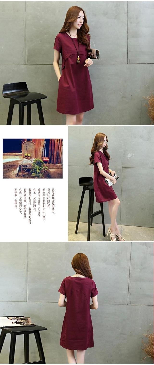 惜筠 2016夏季新款大码宽松短袖显瘦棉麻连衣裙女X0475-1 军绿色 M