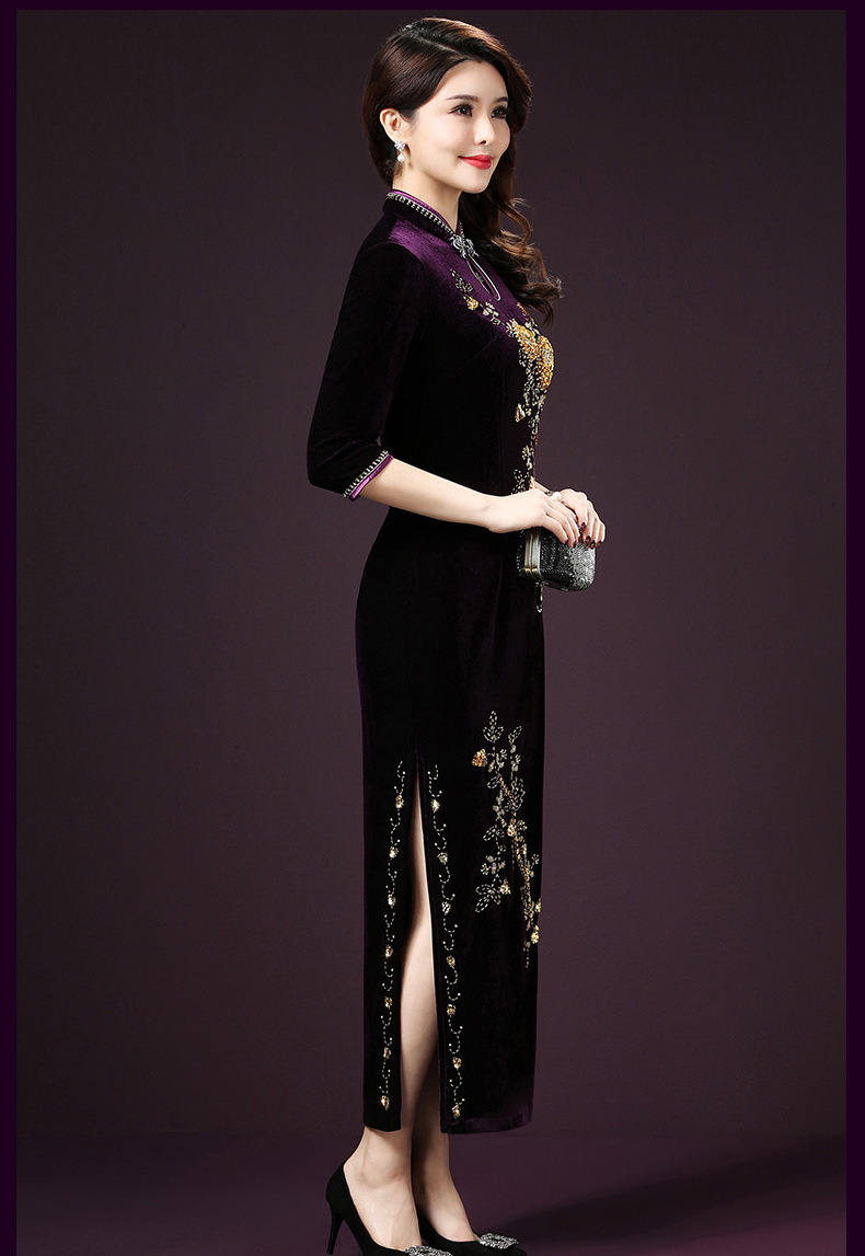 金丝绒旗袍长款秋冬季新款改良时尚高档妈妈礼服复古修身大妈旗袍裙