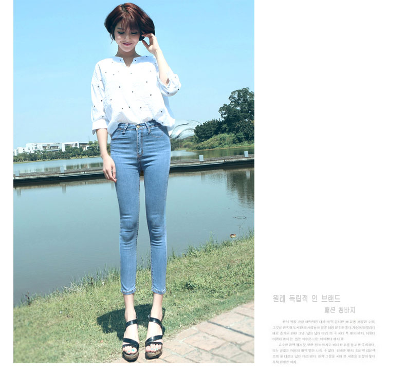 薇语馨 女装高腰修身显瘦九分小脚牛仔裤 2015夏季新时尚铅笔裤K3388 蓝色 28码