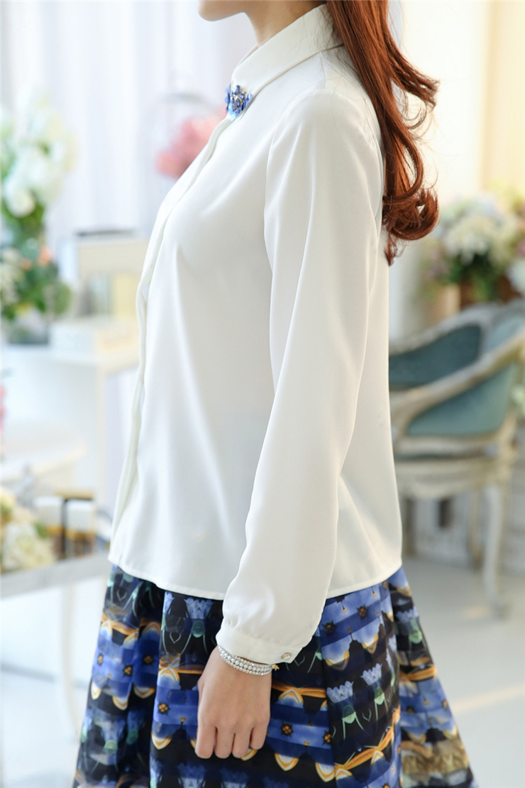 阿琳娜2016春装新款长袖白色蕾丝雪纺衬衫女A513 白色 M