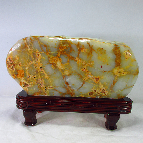 大型阿富汗玉红花冰玉天然玉石摆件送红木雕花底座落地奇石摆件_现价