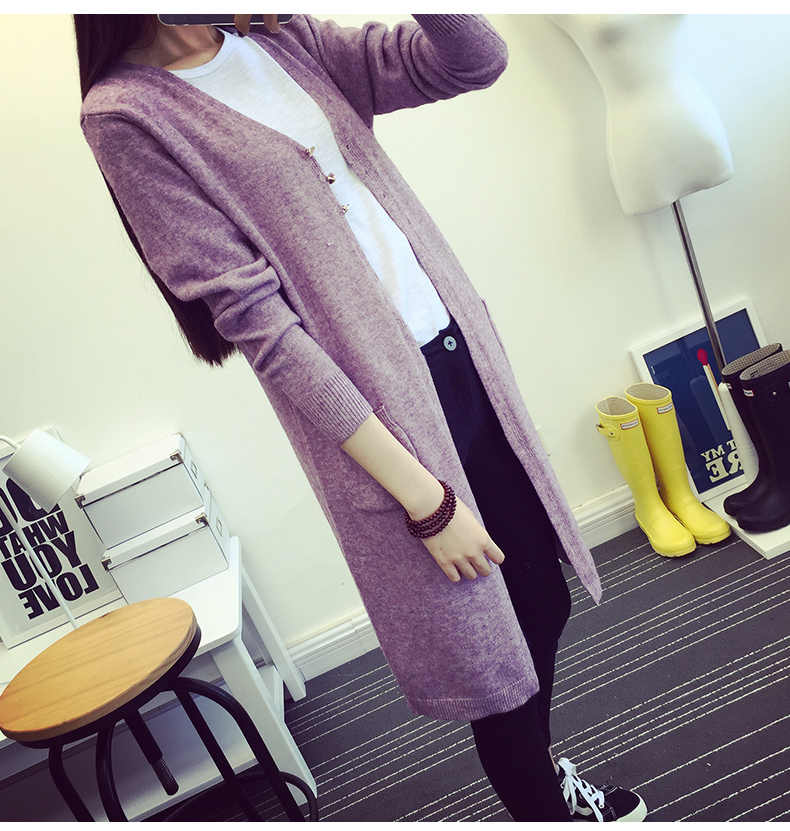 辛夷坞 2015新款秋装宽松女装V领毛衣针织开衫 中长款针织衫外套女 灰色 均码