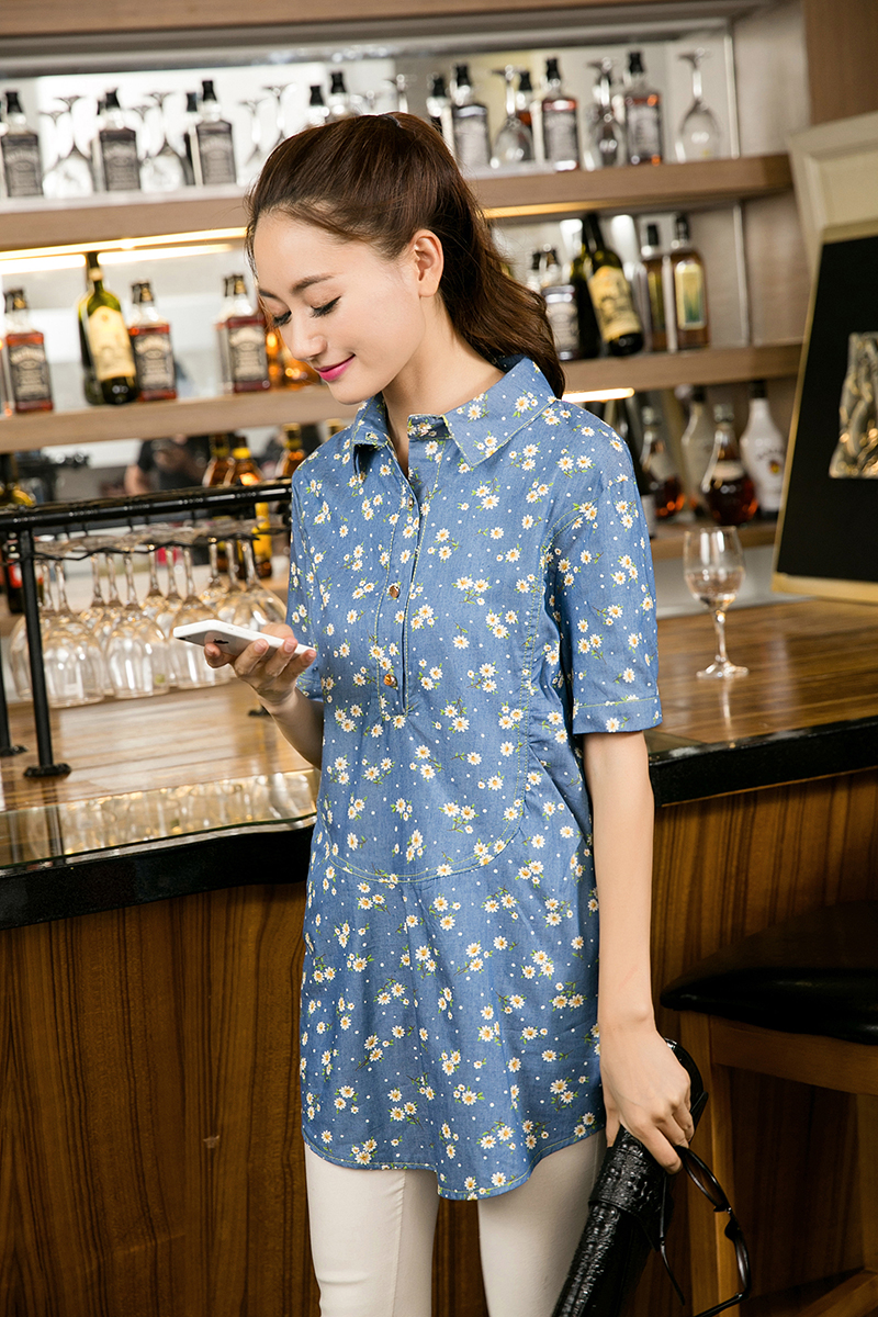 茵芭莎 2015新款印花女短袖修身韩版中长款牛仔外套衬衫gt610 花色 xl