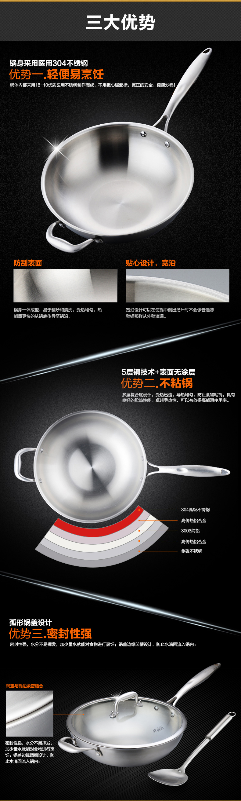 壹滴水 无涂层不锈钢无油烟炒锅不粘锅金手柄炒锅 送锅铲 JLY-302