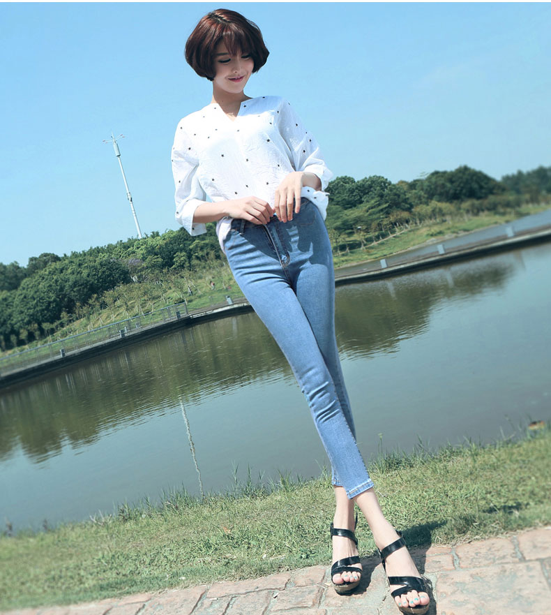薇语馨 女装高腰修身显瘦九分小脚牛仔裤 2015夏季新时尚铅笔裤K3388 蓝色 28码