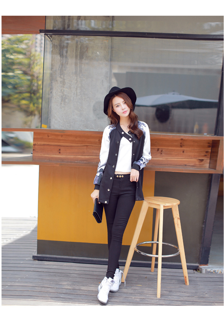 左冉 秋装印花棒球服中长款开衫披肩外套 黑色 xl