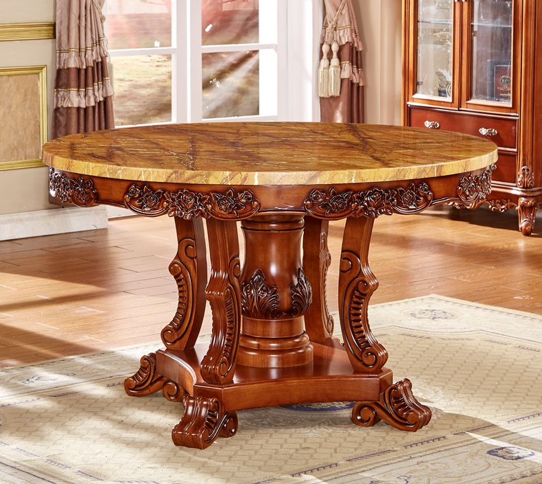 宫寓家具欧式大理石圆餐桌美式雕花餐厅圆桌带转盘圆桌家用团圆饭桌圆