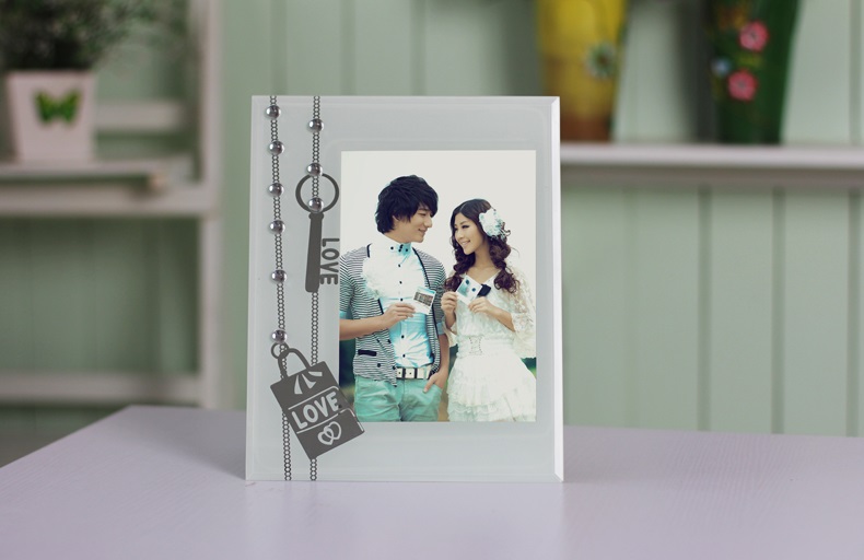 7寸玻璃相框透明摆台 镶钻水晶画框 创意儿童婚纱照片婚庆相架 白色 7寸竖款