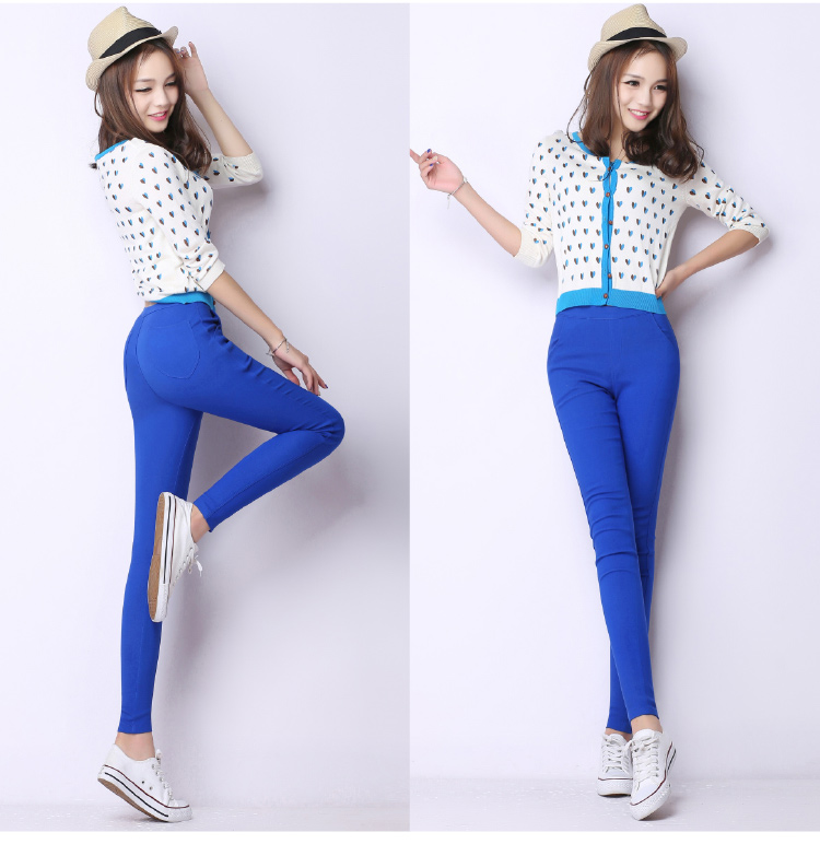 九月服饰店*2015春季女装新款糖果色大码显瘦弹力九分铅笔小脚休闲裤女XK1036 天蓝色 M