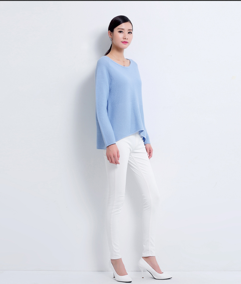 秋冬羊绒衫女装新款毛衣100%纯羊绒针织打底纯色圆领不规则款 夕雾蓝