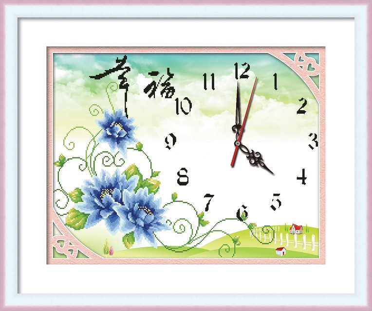 蒙娜丽莎十字绣5D钻石画十字绣贴钻画玫瑰花幸福挂钟系列圆钻钻石秀现代挂画蓝色玫瑰花最深的爱 钻石画小版幸福花开53*41.