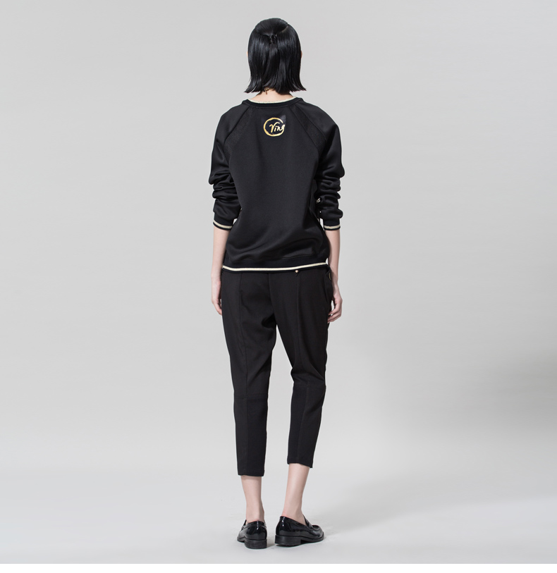 
                                        VING春秋高端女装刺绣网面拼接套头时尚棒球服卫衣女 黑色 XL                