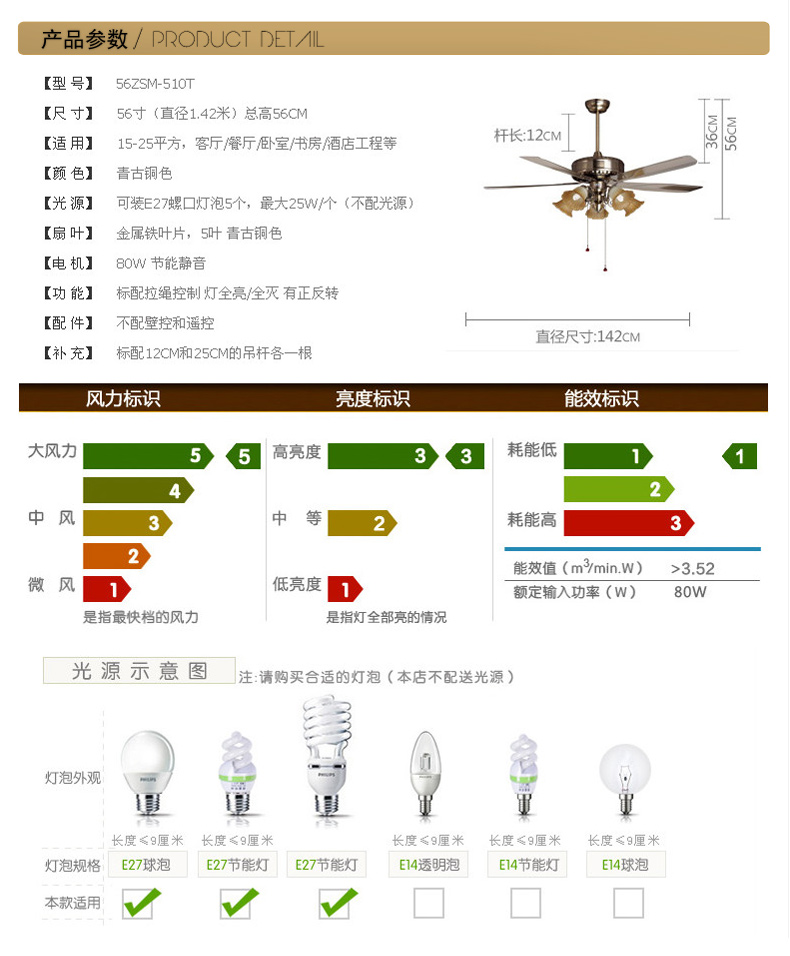 蒙特丽 风扇灯吊灯56ZSM-510T餐厅灯客厅灯防古灯具(B) 56ZSM-510T