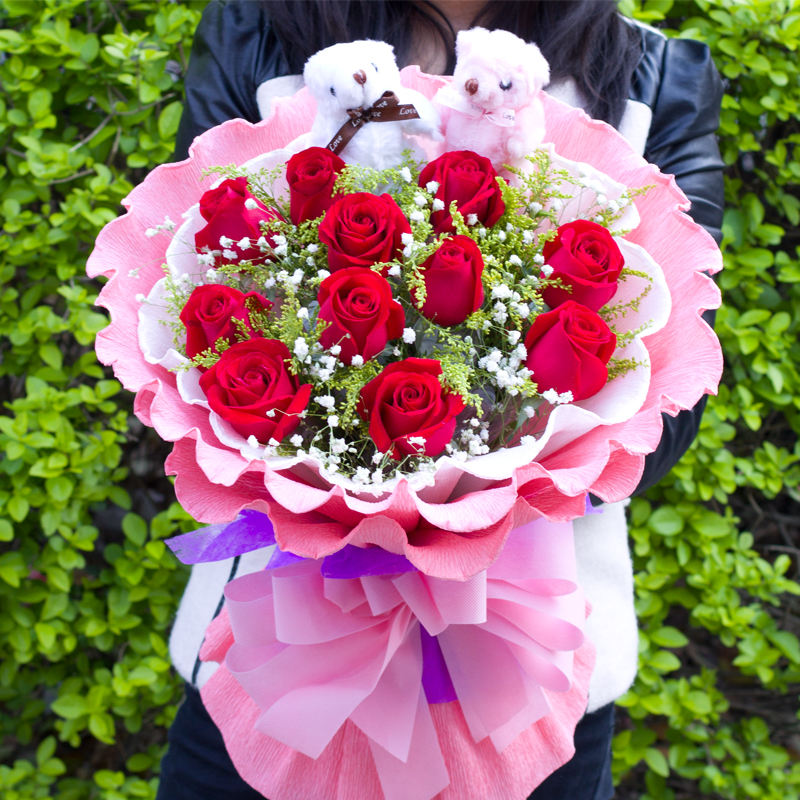 全国鲜花速递 11朵红玫瑰粉玫瑰香槟玫瑰小熊 七夕情人节礼物女友闺密