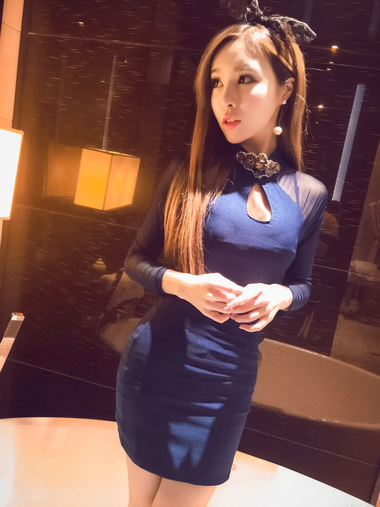 
                                        古奈玫2016秋装女性感连衣裙长袖蕾丝包臀裙时尚夜店性感短裙名媛显瘦一步裙送胸针37 黑色 S                