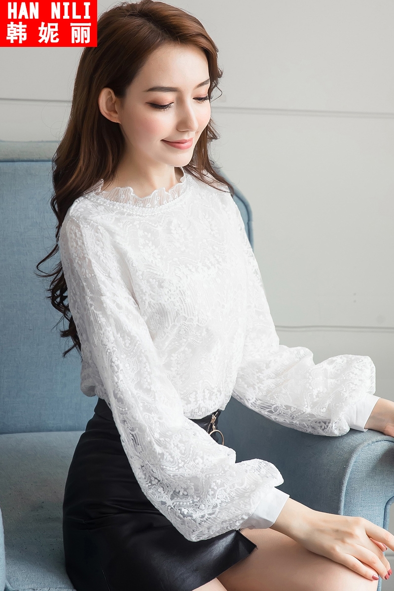蕾丝打底衫女上衣 春装新款韩版宽松大码外穿长袖蕾丝衫小衫潮 白色 s