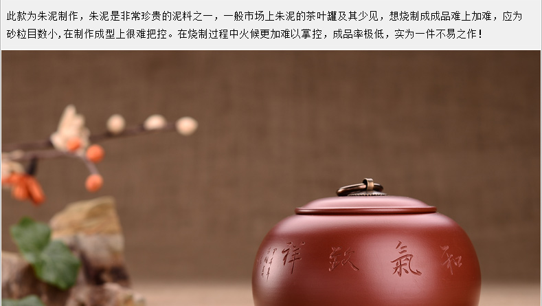 宏中 原矿宜兴紫砂茶叶罐 全手工普洱罐茶缸粗陶密封醒茶存茶罐 手工黄金朱泥-苹果型刻画随机