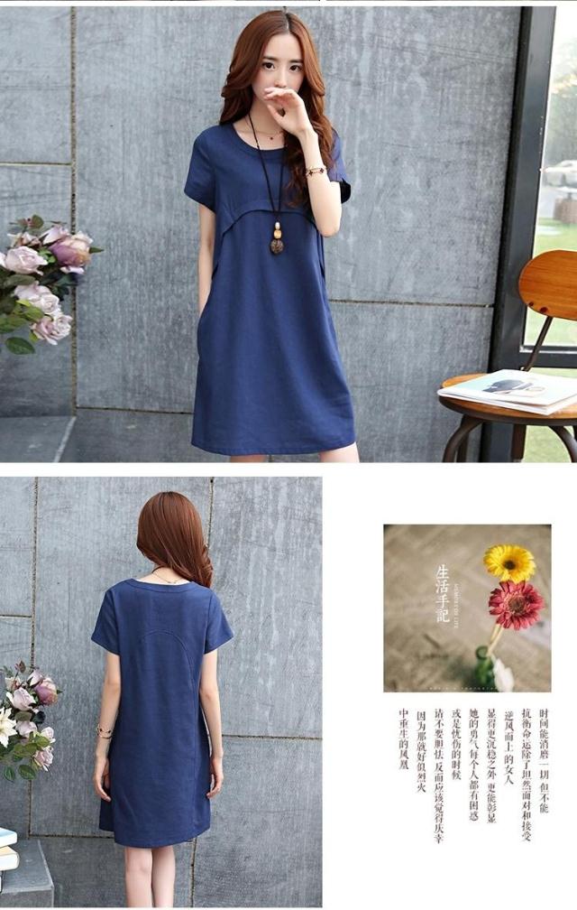 惜筠 2016夏季新款大码宽松短袖显瘦棉麻连衣裙女X0475-1 军绿色 M