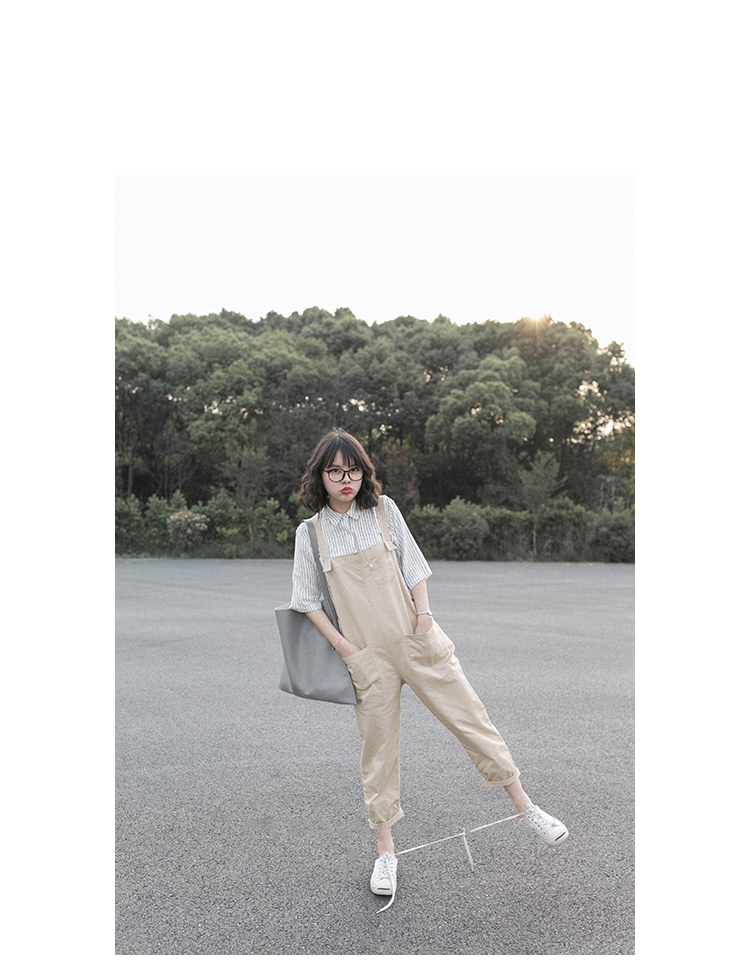 
                                        兰普丽2018春季新款休闲宽松米白背带裤九分休闲裤女 米白色 M                
