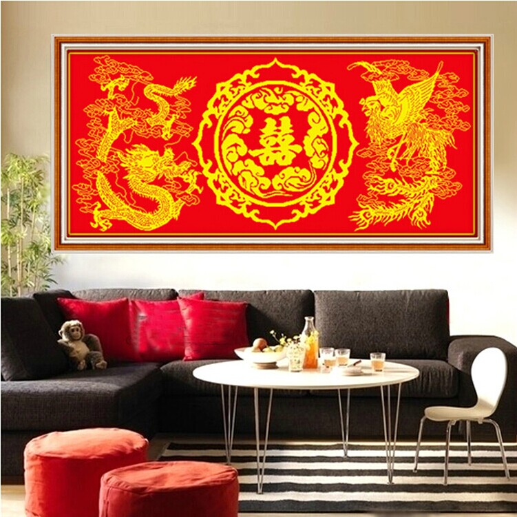 
                                        包邮 皇家至尊蒙娜丽莎十字绣新款客厅大幅福龙喜凤装饰画印花结婚喜字婚庆款现代沙发背景壁画 1.4米（福丝线）145*70厘米【免费补线】                