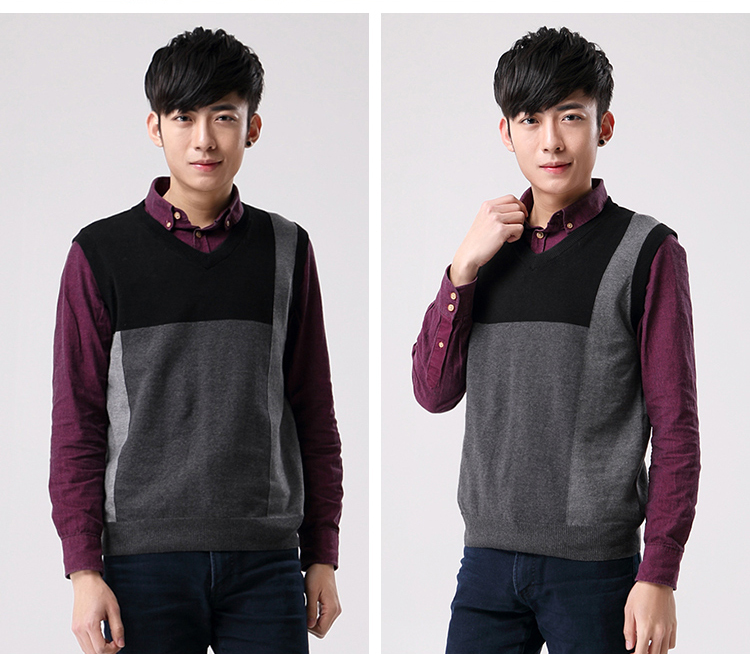 衣之纯2015秋冬新品无袖针织毛线衣撞色马夹 男装 黑色 xl