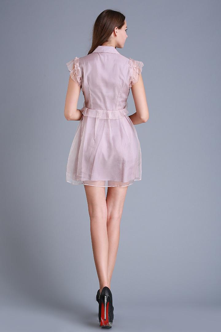 芮婕服装*2015夏款真丝欧根纱刺绣翻领花瓣袖连衣裙 杏色 m