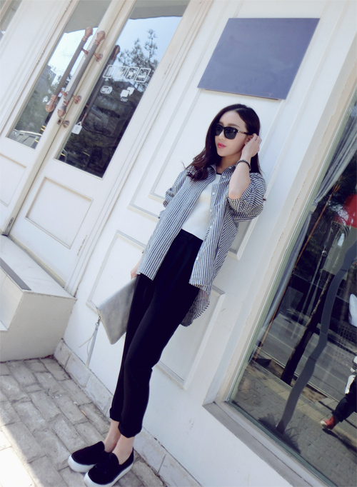胧月丽妍春夏装韩版休闲松紧腰显瘦女哈伦裤百搭高腰西装裤九分 黑色 XL
