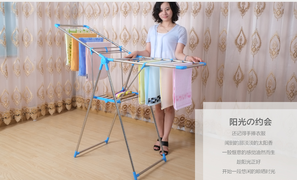 
                                        丽美舒翼型晾衣架落地折叠加厚不锈钢晒衣架阳台晒被架室内简易室外多功能晾晒架挂衣架婴儿尿布架 加厚不锈钢 蓝色                