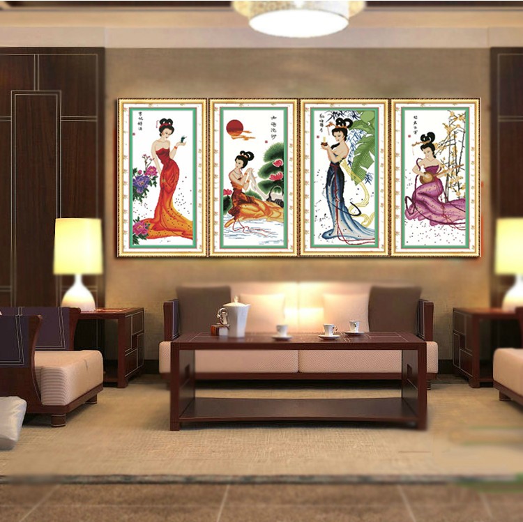 皇家至尊蒙娜丽莎十字绣新款客厅古代四大美女挂画壁画艺术画大幅仕女图系列四大美人走廊画 棉线1套4个新款贵妃醉酒45.